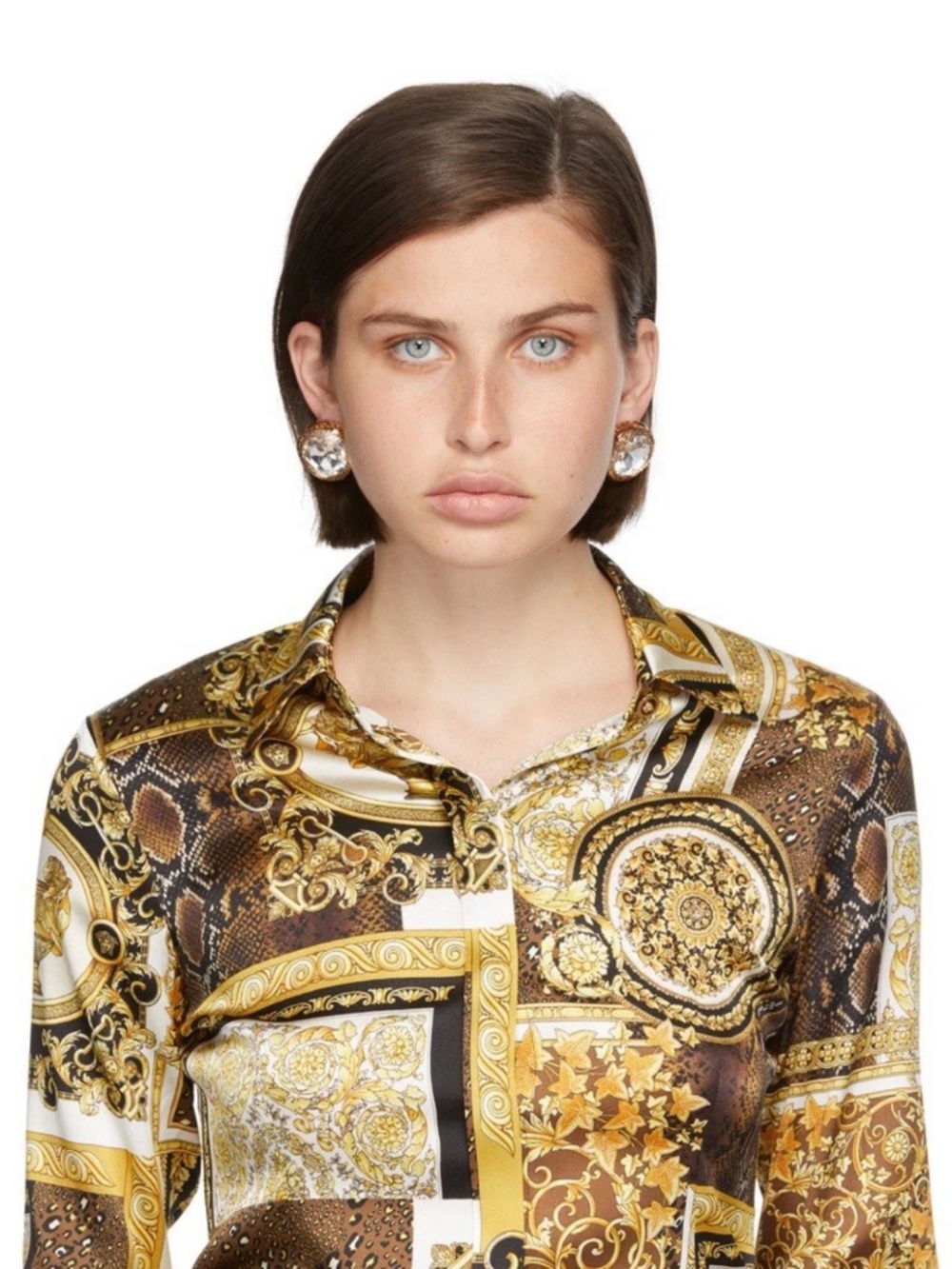Versace Gold Tone Bezel Crystal Stud Earrings